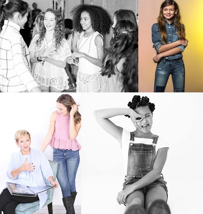 photo of young girl models backstage, two photos of young girls modeling clothes, photo of marlene and a young girl model