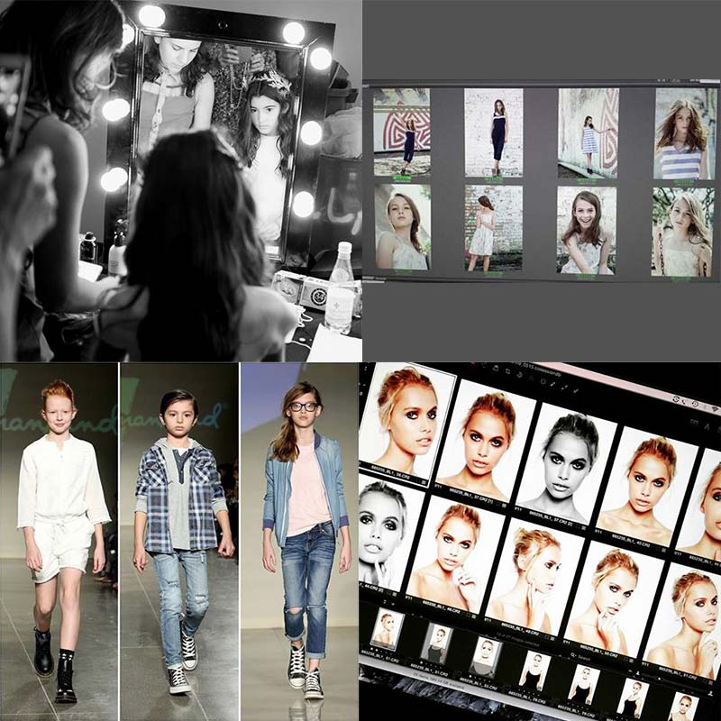 Photo of a young girl model getting her hair done, eight thumbnail photos of young girl models on a computer monitor, three young models on a runway, ten thumbnail photos of an older girl model on a computer monitor